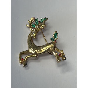 Vintage Christmas Holiday Brooch Hat Cap Pin Reindeer Holly Gold Tone